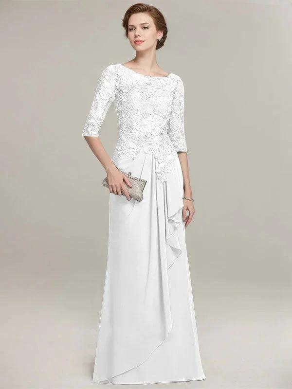 A-line Scoop Illusion Floor-Length Lace Chiffon Mother of the Bride Dress With Cascading Ruffles - Image 41