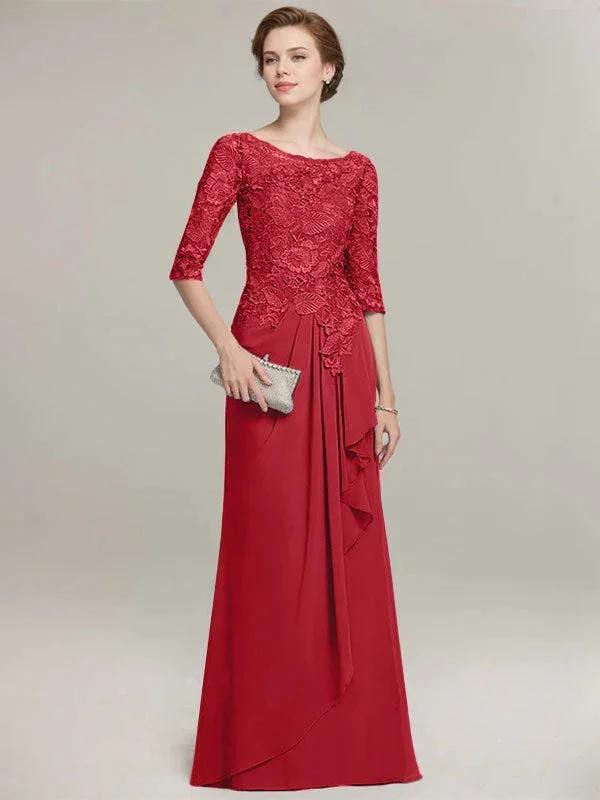 A-line Scoop Illusion Floor-Length Lace Chiffon Mother of the Bride Dress With Cascading Ruffles - Image 42