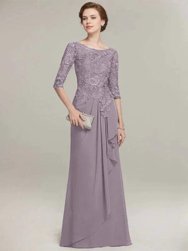 A-line Scoop Illusion Floor-Length Lace Chiffon Mother of the Bride Dress With Cascading Ruffles - Image 43