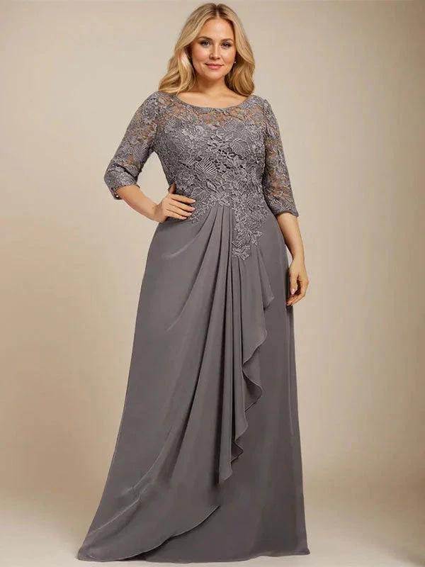 A-line Scoop Illusion Floor-Length Lace Chiffon Mother of the Bride Dress With Cascading Ruffles - Image 5
