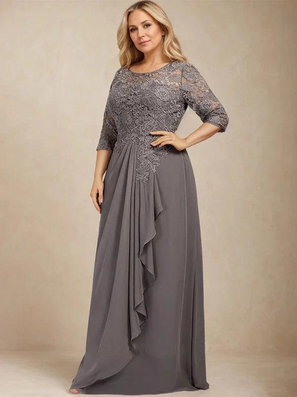 A-line Scoop Illusion Floor-Length Lace Chiffon Mother of the Bride Dress With Cascading Ruffles - Image 6