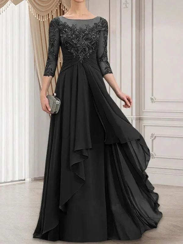 A-line Scoop Illusion Floor-Length Lace Chiffon Mother of the Bride Dress With Cascading Ruffles - Image 11