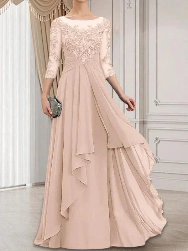 A-line Scoop Illusion Floor-Length Lace Chiffon Mother of the Bride Dress With Cascading Ruffles - Image 13