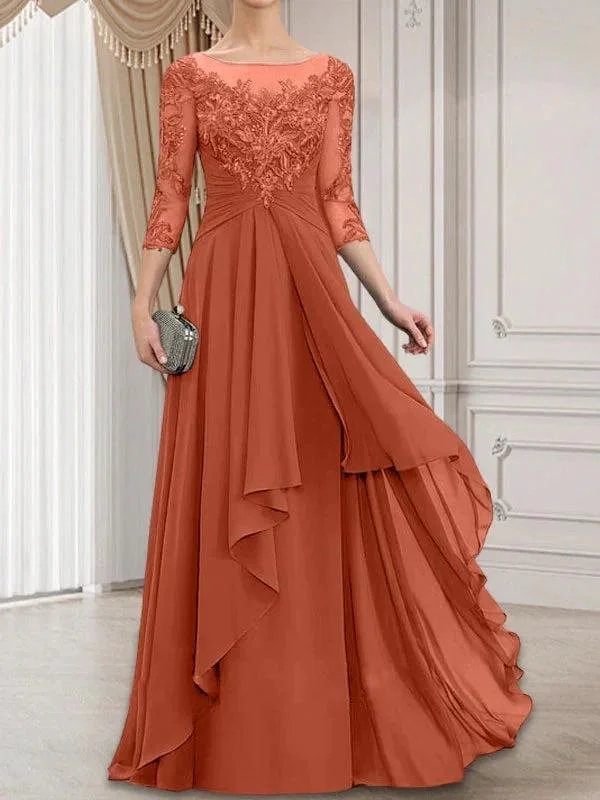 A-line Scoop Illusion Floor-Length Lace Chiffon Mother of the Bride Dress With Cascading Ruffles - Image 14