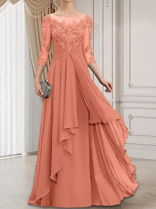 A-line Scoop Illusion Floor-Length Lace Chiffon Mother of the Bride Dress With Cascading Ruffles - Image 16