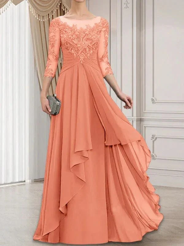 A-line Scoop Illusion Floor-Length Lace Chiffon Mother of the Bride Dress With Cascading Ruffles - Image 17