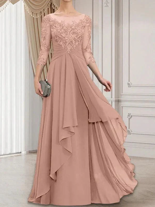 A-line Scoop Illusion Floor-Length Lace Chiffon Mother of the Bride Dress With Cascading Ruffles - Image 18