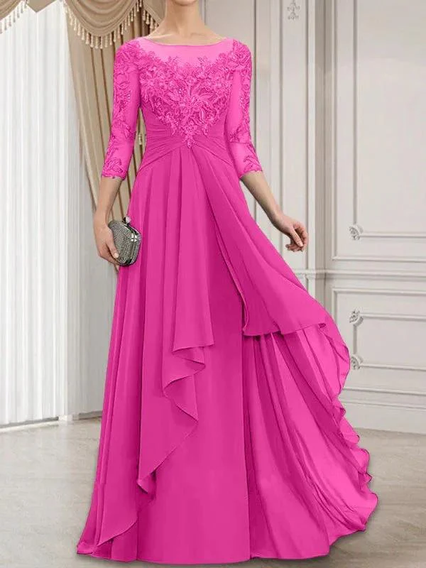 A-line Scoop Illusion Floor-Length Lace Chiffon Mother of the Bride Dress With Cascading Ruffles - Image 19