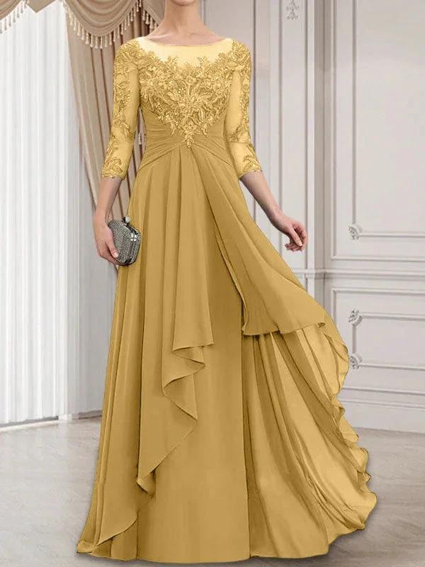A-line Scoop Illusion Floor-Length Lace Chiffon Mother of the Bride Dress With Cascading Ruffles - Image 20