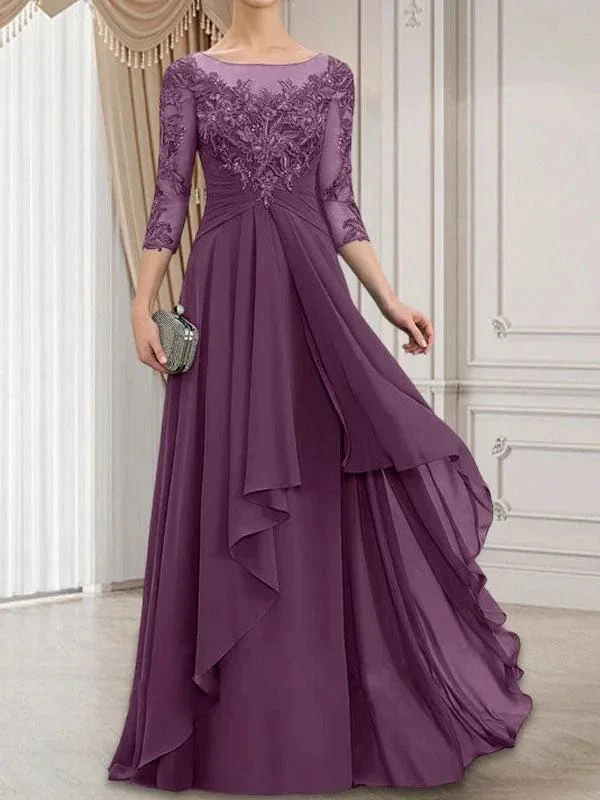 A-line Scoop Illusion Floor-Length Lace Chiffon Mother of the Bride Dress With Cascading Ruffles - Image 21