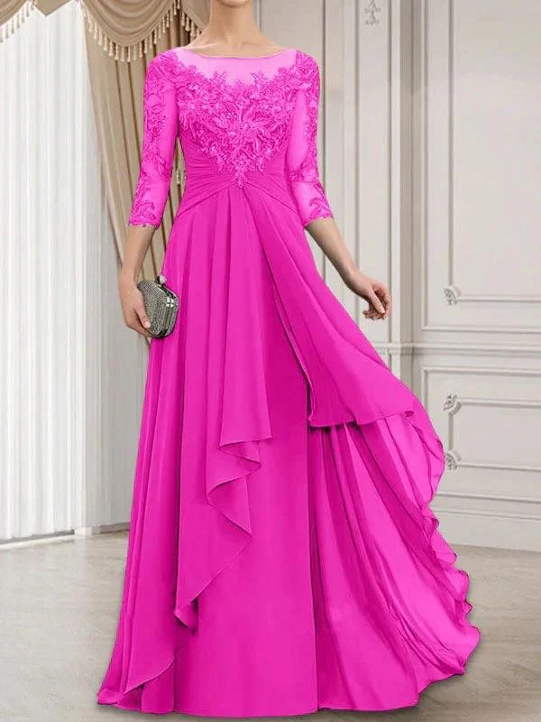 A-line Scoop Illusion Floor-Length Lace Chiffon Mother of the Bride Dress With Cascading Ruffles - Image 22