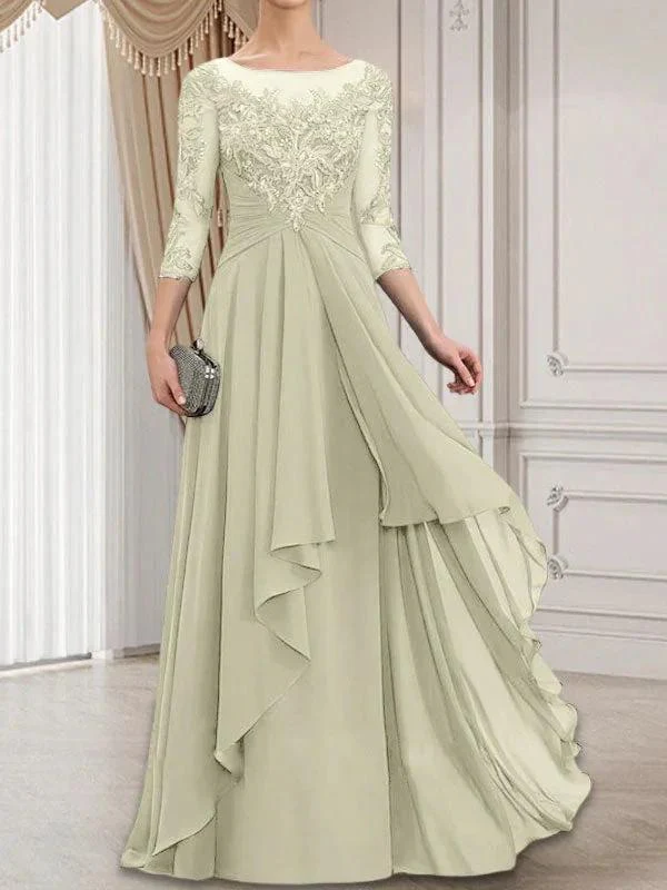 A-line Scoop Illusion Floor-Length Lace Chiffon Mother of the Bride Dress With Cascading Ruffles - Image 23
