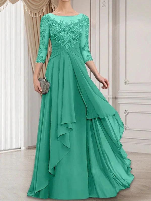 A-line Scoop Illusion Floor-Length Lace Chiffon Mother of the Bride Dress With Cascading Ruffles - Image 24