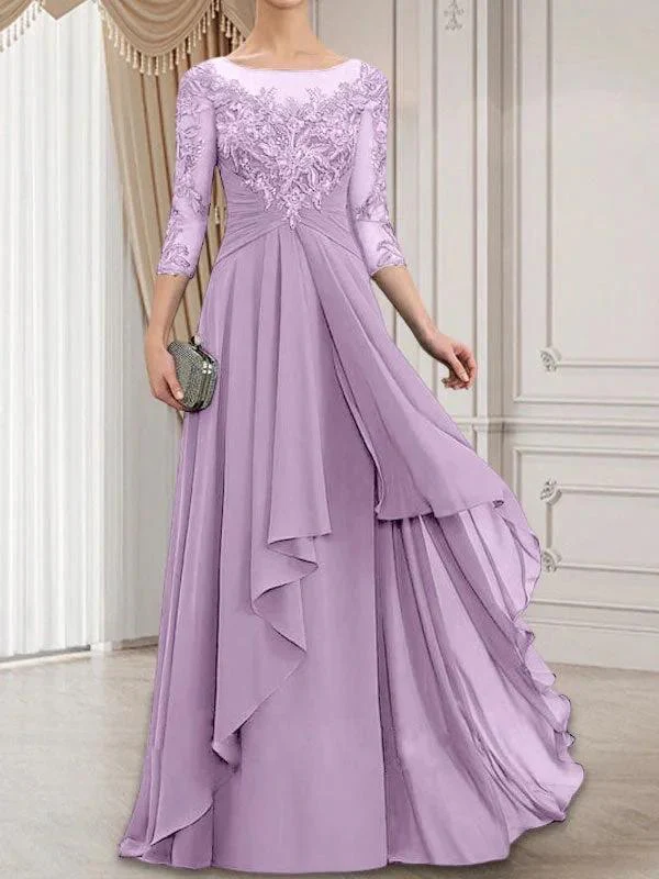 A-line Scoop Illusion Floor-Length Lace Chiffon Mother of the Bride Dress With Cascading Ruffles - Image 25