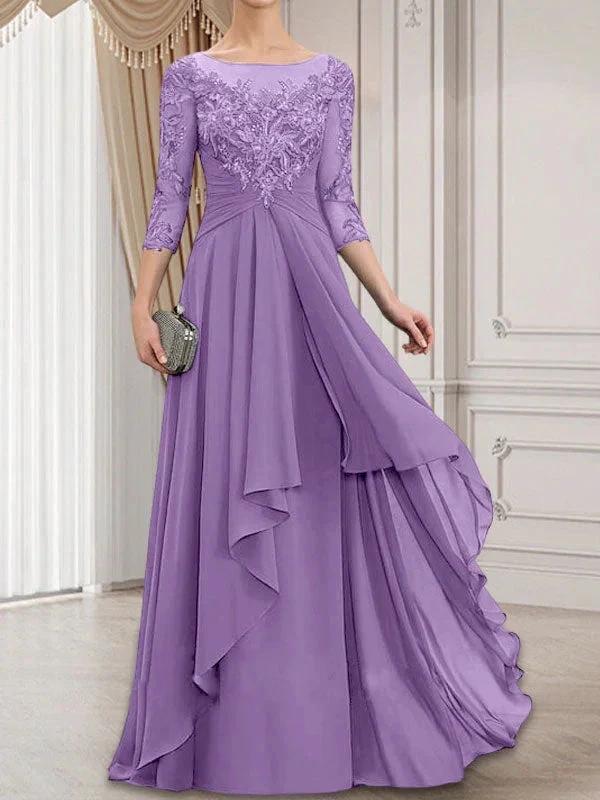 A-line Scoop Illusion Floor-Length Lace Chiffon Mother of the Bride Dress With Cascading Ruffles - Image 26