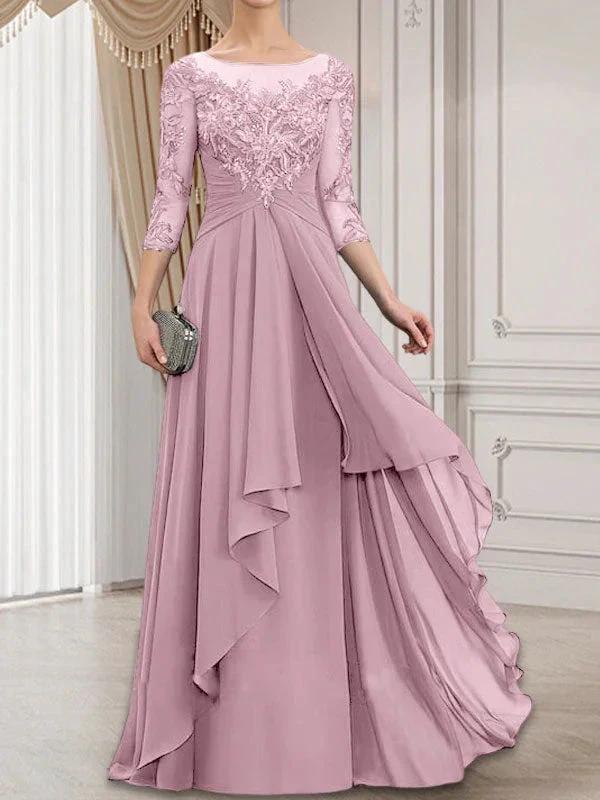 A-line Scoop Illusion Floor-Length Lace Chiffon Mother of the Bride Dress With Cascading Ruffles - Image 27