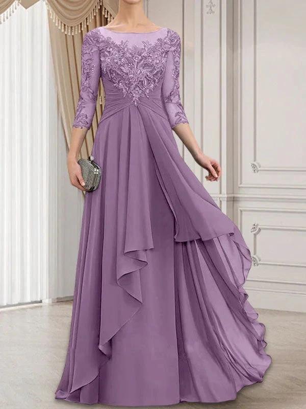 A-line Scoop Illusion Floor-Length Lace Chiffon Mother of the Bride Dress With Cascading Ruffles - Image 28