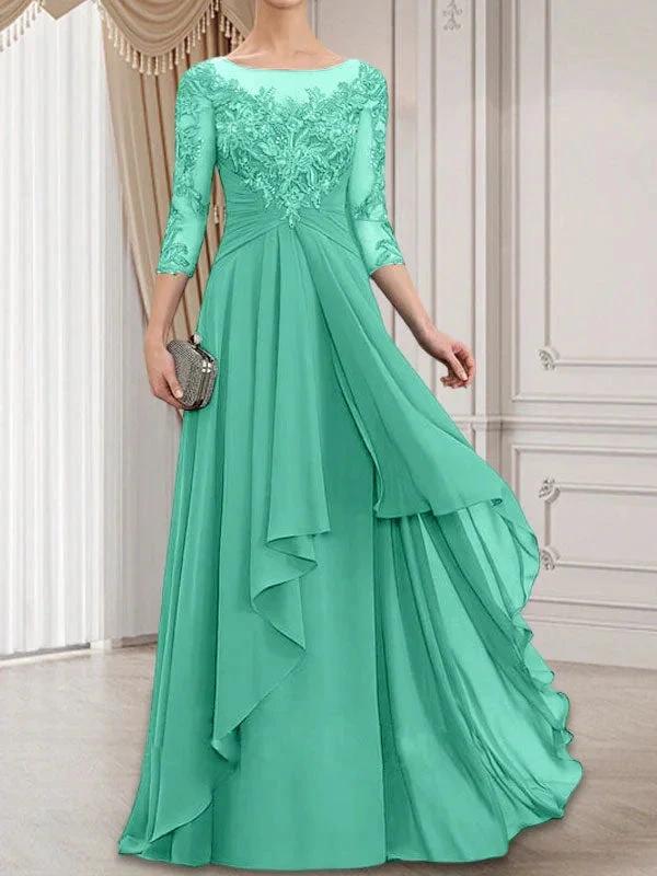A-line Scoop Illusion Floor-Length Lace Chiffon Mother of the Bride Dress With Cascading Ruffles - Image 29