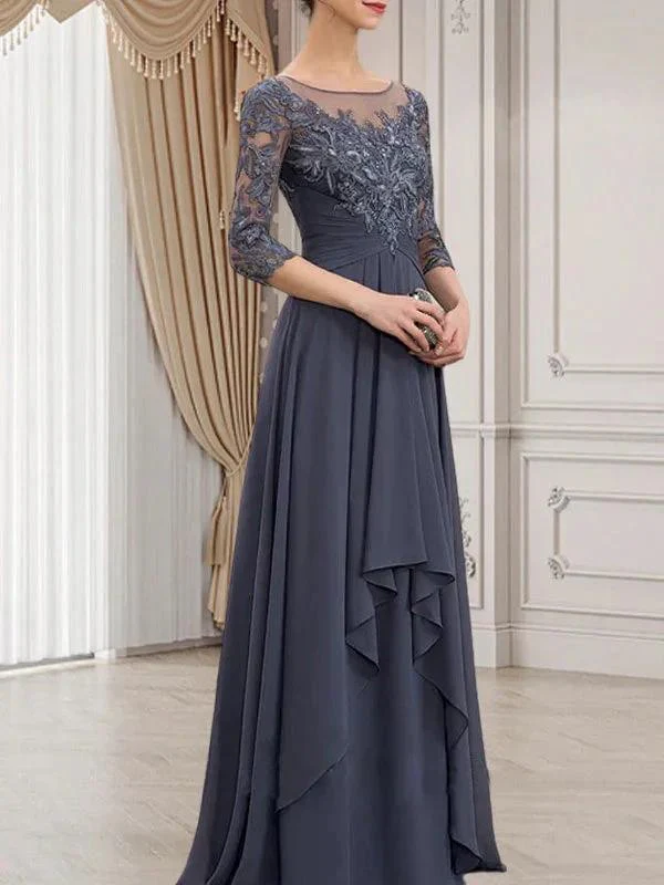 A-line Scoop Illusion Floor-Length Lace Chiffon Mother of the Bride Dress With Cascading Ruffles - Image 3