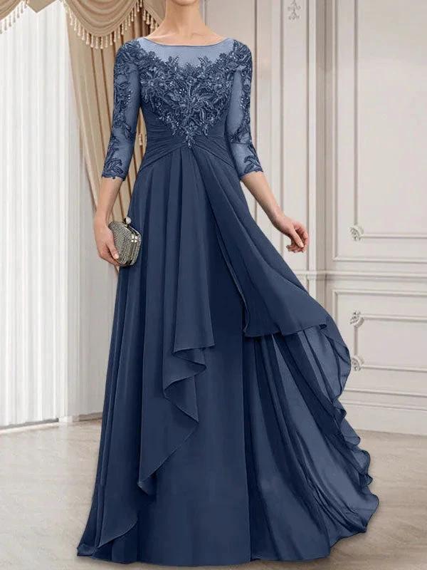 A-line Scoop Illusion Floor-Length Lace Chiffon Mother of the Bride Dress With Cascading Ruffles - Image 30