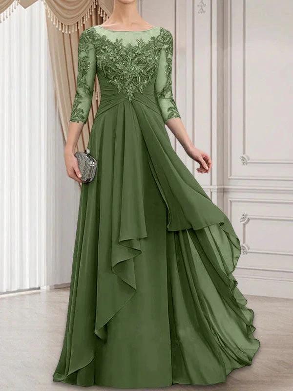 A-line Scoop Illusion Floor-Length Lace Chiffon Mother of the Bride Dress With Cascading Ruffles - Image 31