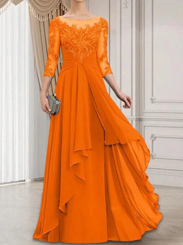 A-line Scoop Illusion Floor-Length Lace Chiffon Mother of the Bride Dress With Cascading Ruffles - Image 32