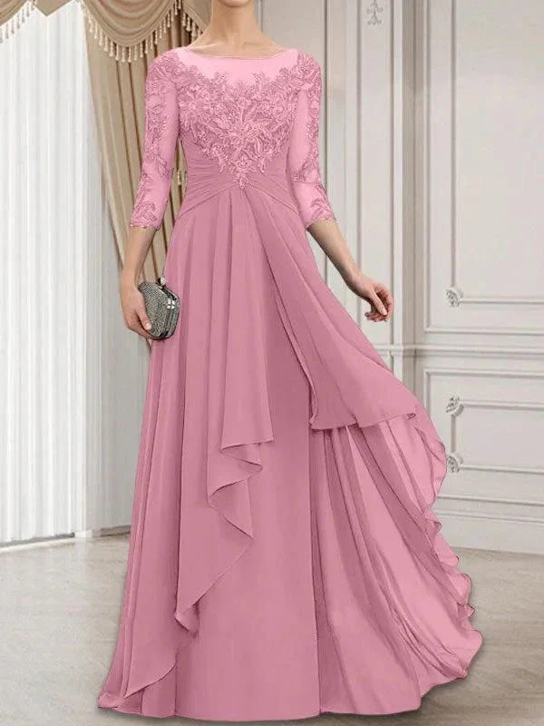 A-line Scoop Illusion Floor-Length Lace Chiffon Mother of the Bride Dress With Cascading Ruffles - Image 33