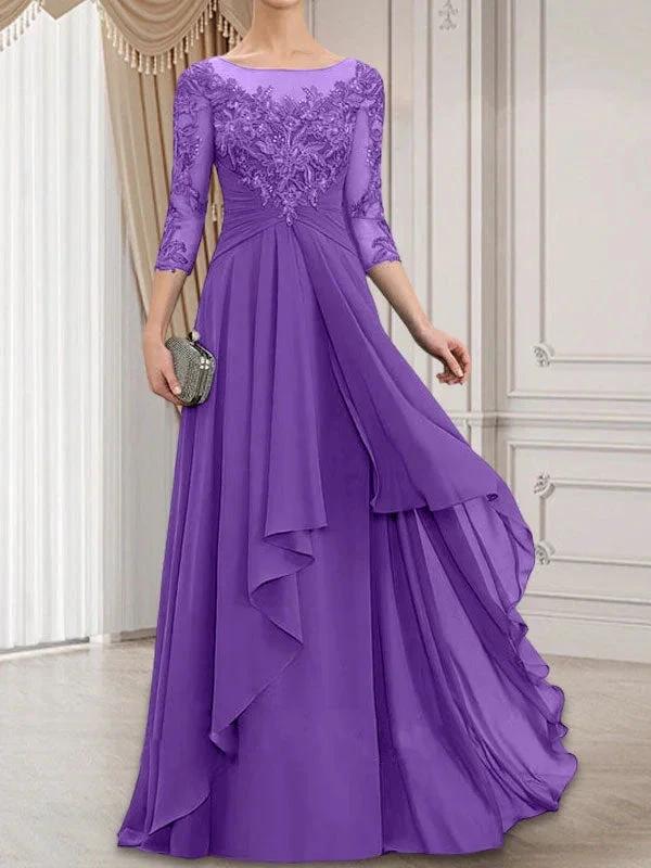 A-line Scoop Illusion Floor-Length Lace Chiffon Mother of the Bride Dress With Cascading Ruffles - Image 34