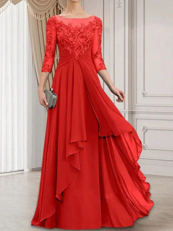 A-line Scoop Illusion Floor-Length Lace Chiffon Mother of the Bride Dress With Cascading Ruffles - Image 35