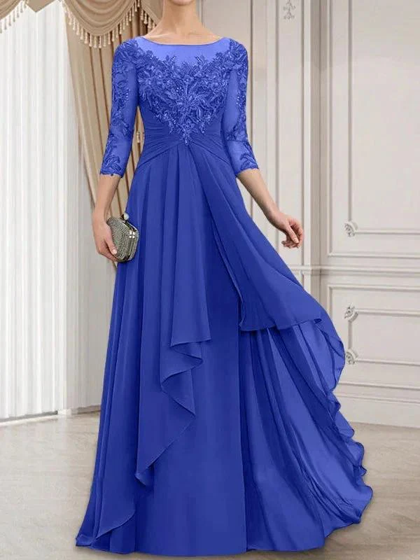 A-line Scoop Illusion Floor-Length Lace Chiffon Mother of the Bride Dress With Cascading Ruffles - Image 36