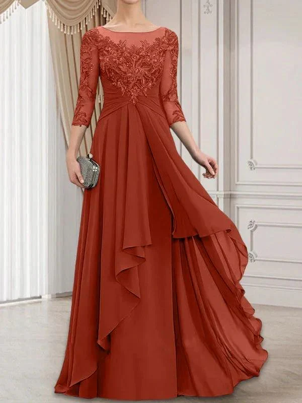 A-line Scoop Illusion Floor-Length Lace Chiffon Mother of the Bride Dress With Cascading Ruffles - Image 37