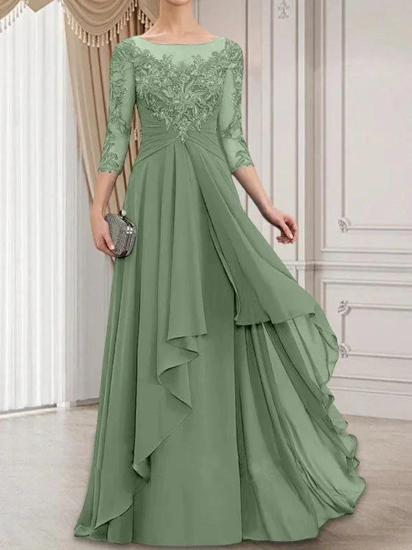 A-line Scoop Illusion Floor-Length Lace Chiffon Mother of the Bride Dress With Cascading Ruffles - Image 38
