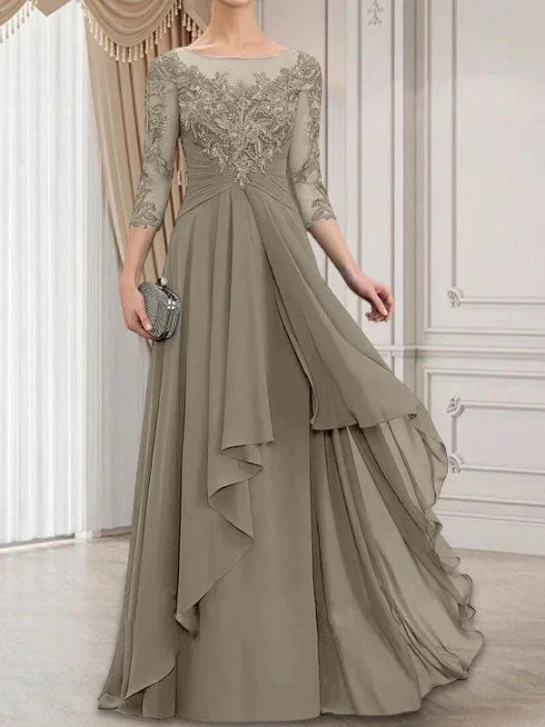 A-line Scoop Illusion Floor-Length Lace Chiffon Mother of the Bride Dress With Cascading Ruffles - Image 39