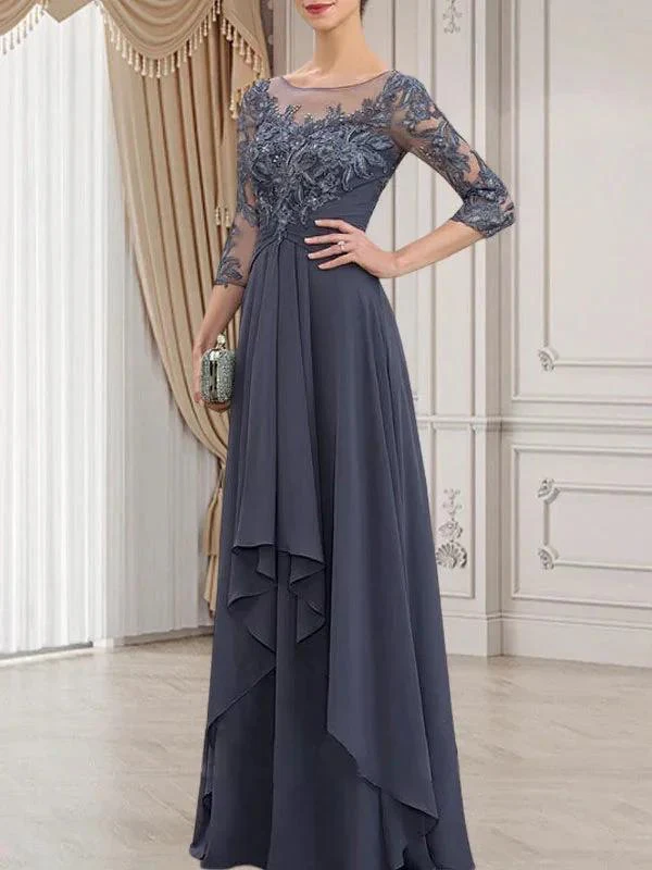 A-line Scoop Illusion Floor-Length Lace Chiffon Mother of the Bride Dress With Cascading Ruffles - Image 4