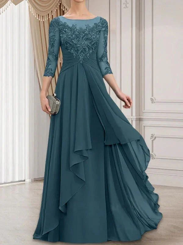 A-line Scoop Illusion Floor-Length Lace Chiffon Mother of the Bride Dress With Cascading Ruffles - Image 40