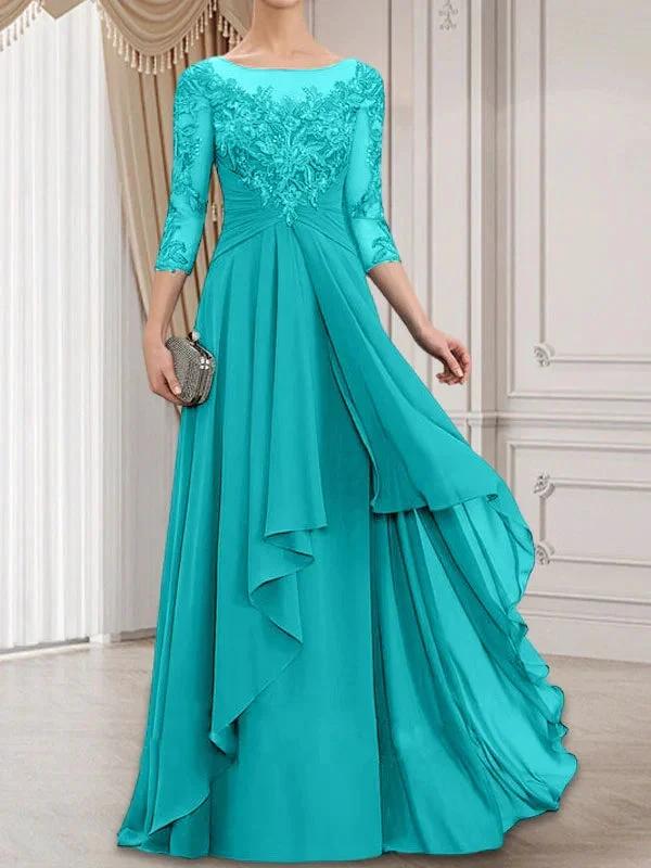 A-line Scoop Illusion Floor-Length Lace Chiffon Mother of the Bride Dress With Cascading Ruffles - Image 41