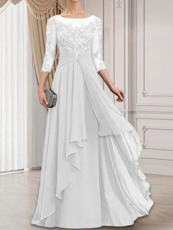 A-line Scoop Illusion Floor-Length Lace Chiffon Mother of the Bride Dress With Cascading Ruffles - Image 42