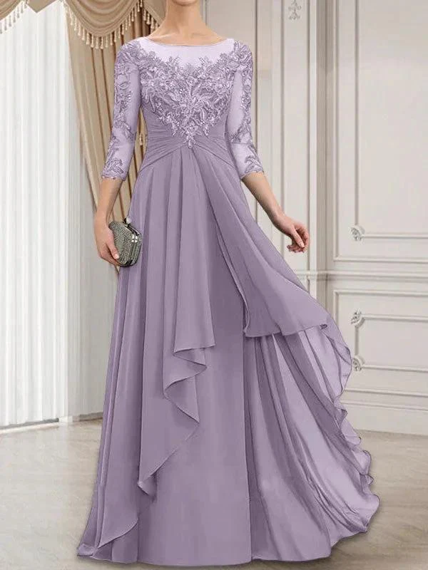 A-line Scoop Illusion Floor-Length Lace Chiffon Mother of the Bride Dress With Cascading Ruffles - Image 43