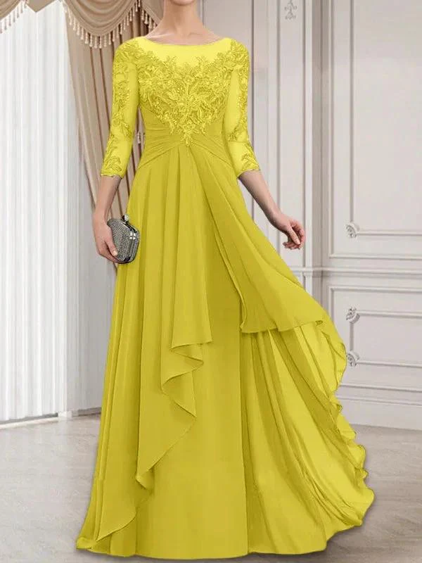 A-line Scoop Illusion Floor-Length Lace Chiffon Mother of the Bride Dress With Cascading Ruffles - Image 44