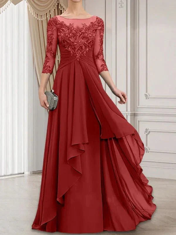 A-line Scoop Illusion Floor-Length Lace Chiffon Mother of the Bride Dress With Cascading Ruffles - Image 46