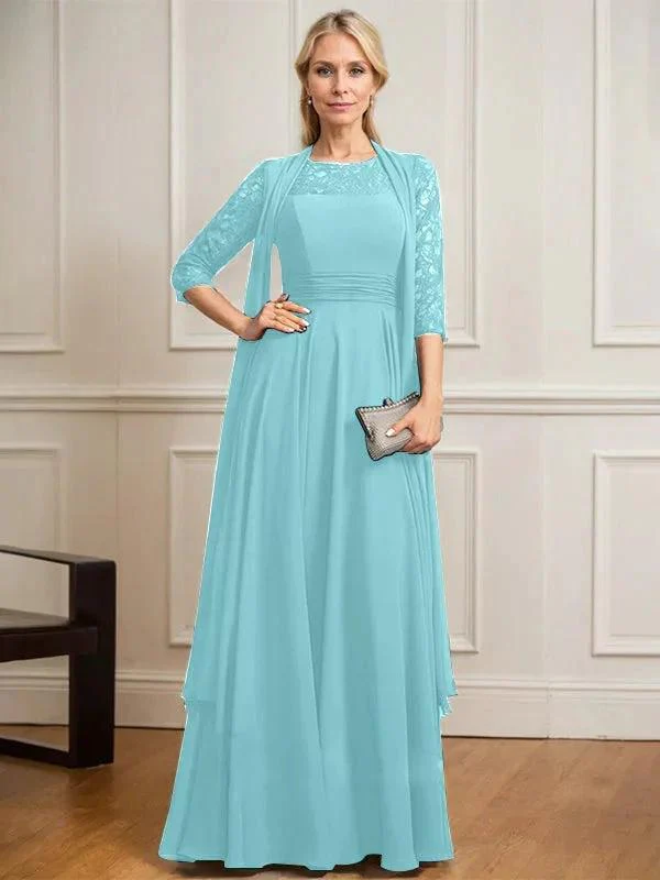 A-line Scoop Illusion Floor-Length Lace Chiffon Mother of the Bride Dress With Pleated - Image 10