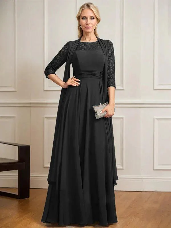 A-line Scoop Illusion Floor-Length Lace Chiffon Mother of the Bride Dress With Pleated - Image 11