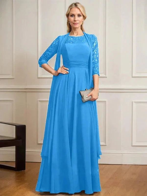 A-line Scoop Illusion Floor-Length Lace Chiffon Mother of the Bride Dress With Pleated - Image 12