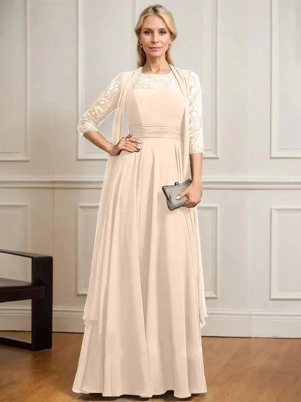 A-line Scoop Illusion Floor-Length Lace Chiffon Mother of the Bride Dress With Pleated - Image 13