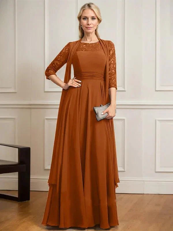 A-line Scoop Illusion Floor-Length Lace Chiffon Mother of the Bride Dress With Pleated - Image 14