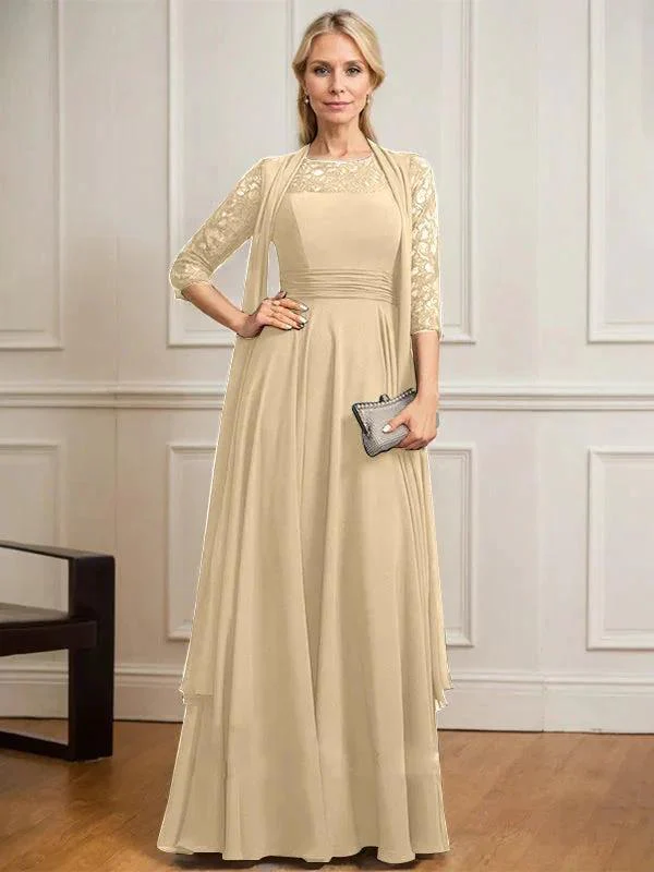 A-line Scoop Illusion Floor-Length Lace Chiffon Mother of the Bride Dress With Pleated - Image 15