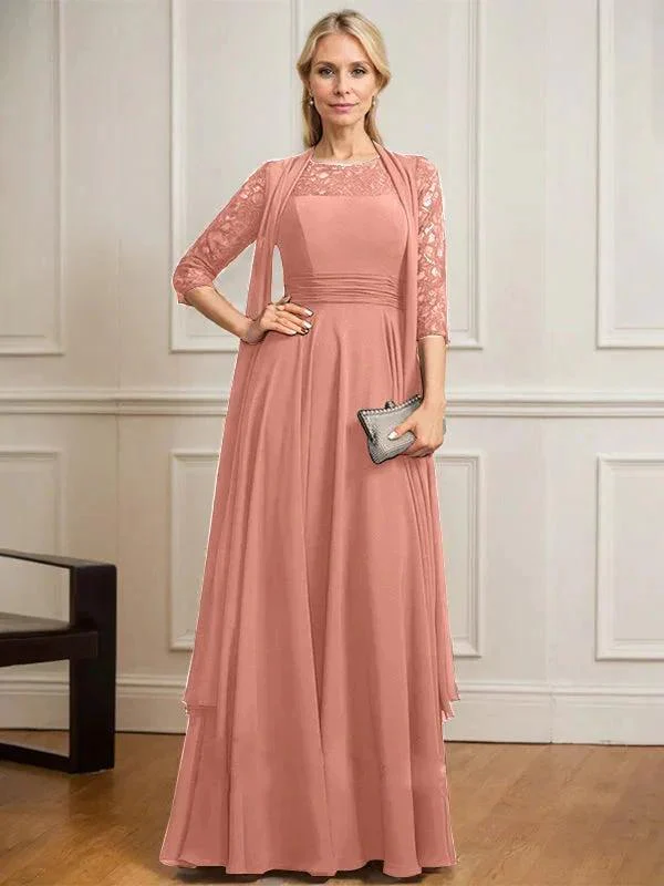 A-line Scoop Illusion Floor-Length Lace Chiffon Mother of the Bride Dress With Pleated - Image 16