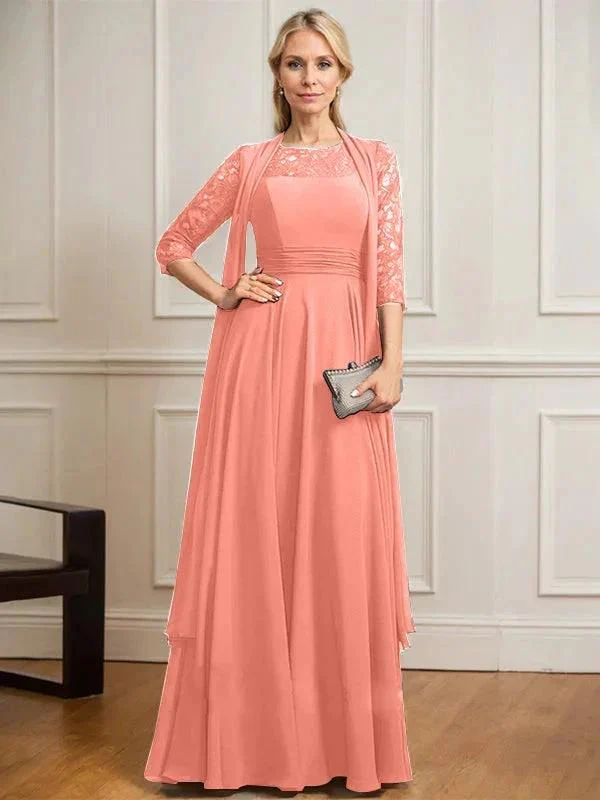 A-line Scoop Illusion Floor-Length Lace Chiffon Mother of the Bride Dress With Pleated - Image 17
