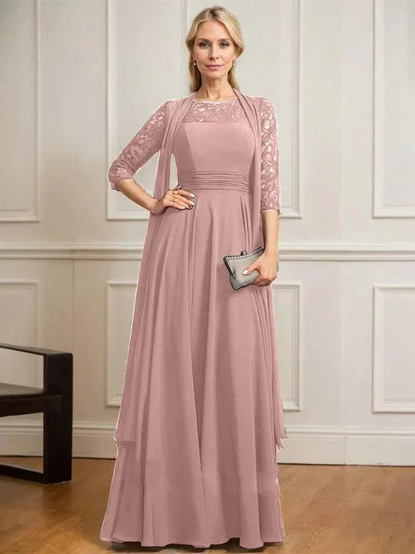 A-line Scoop Illusion Floor-Length Lace Chiffon Mother of the Bride Dress With Pleated - Image 18