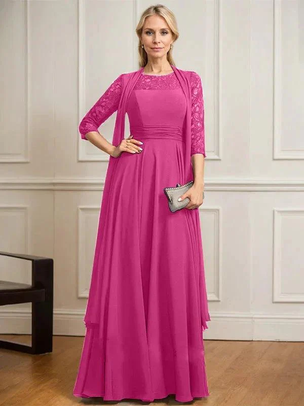 A-line Scoop Illusion Floor-Length Lace Chiffon Mother of the Bride Dress With Pleated - Image 19